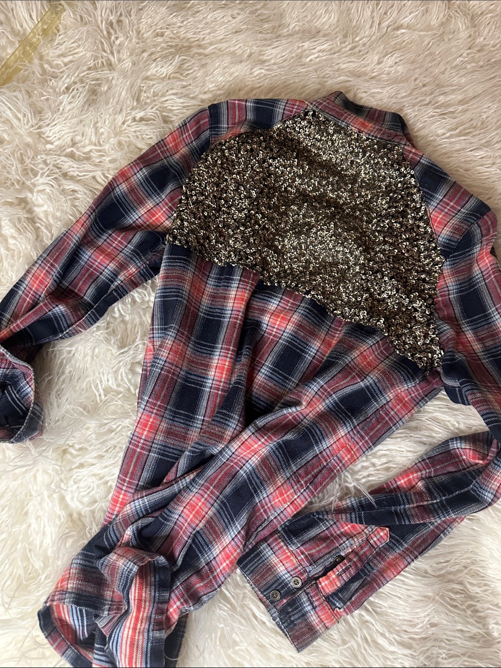 Free People Little Bit of Sugar plaid Sequin-Trim Shirt S - Picture 3 of 5